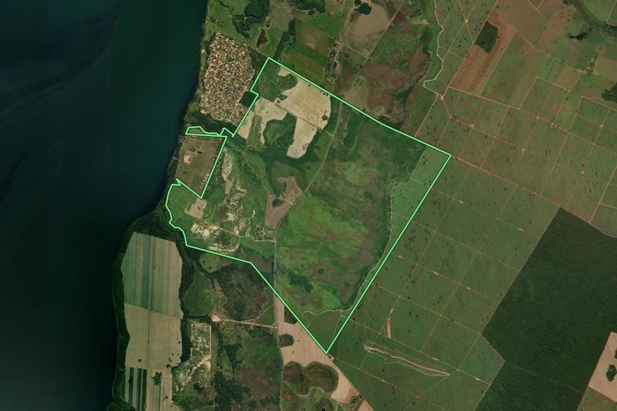 Imagem de satélite do imóvel rural em Panorama (SP), com o contorno declarado no CAR desenhado por cima.