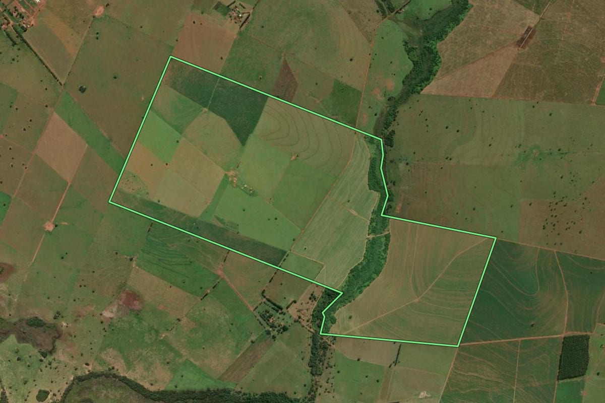 Imagem de satélite do imóvel rural em Panorama (SP), com o contorno declarado no CAR desenhado por cima.