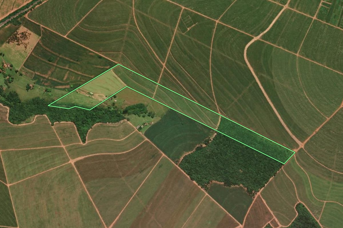 Imagem de satélite do imóvel rural em Paraguaçu Paulista (SP), com o contorno declarado no CAR desenhado por cima.