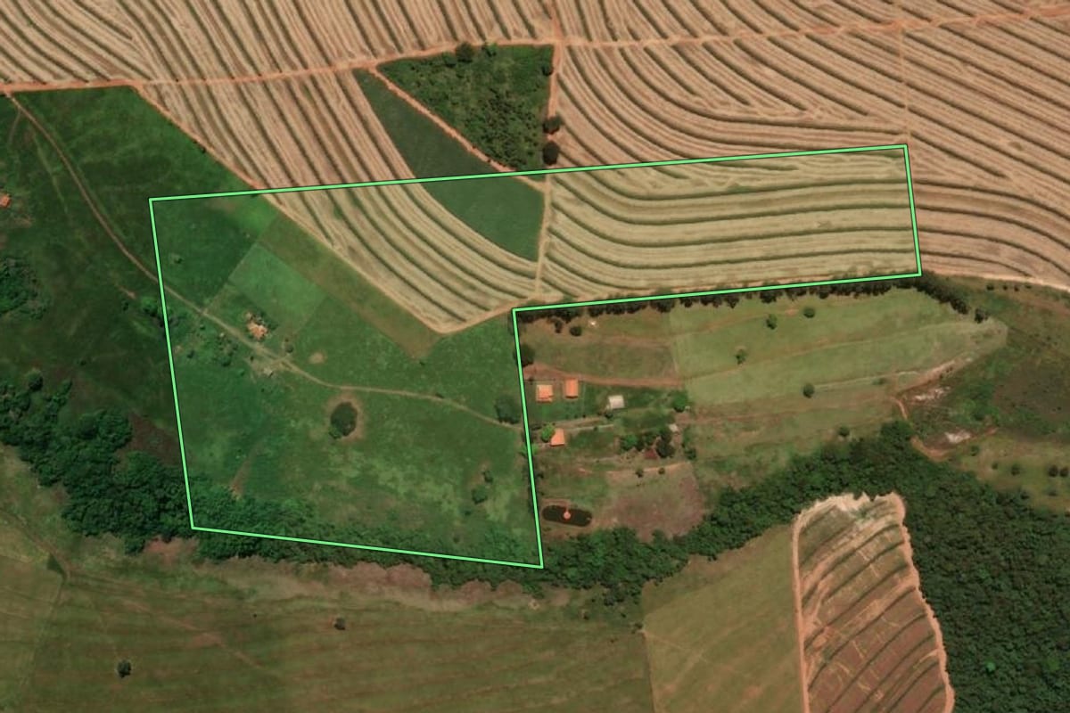 Imagem de satélite do imóvel rural em Paraguaçu Paulista (SP), com o contorno declarado no CAR desenhado por cima.