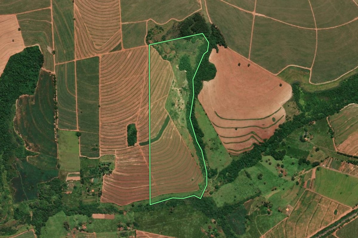 Imagem de satélite do imóvel rural em Paraguaçu Paulista (SP), com o contorno declarado no CAR desenhado por cima.