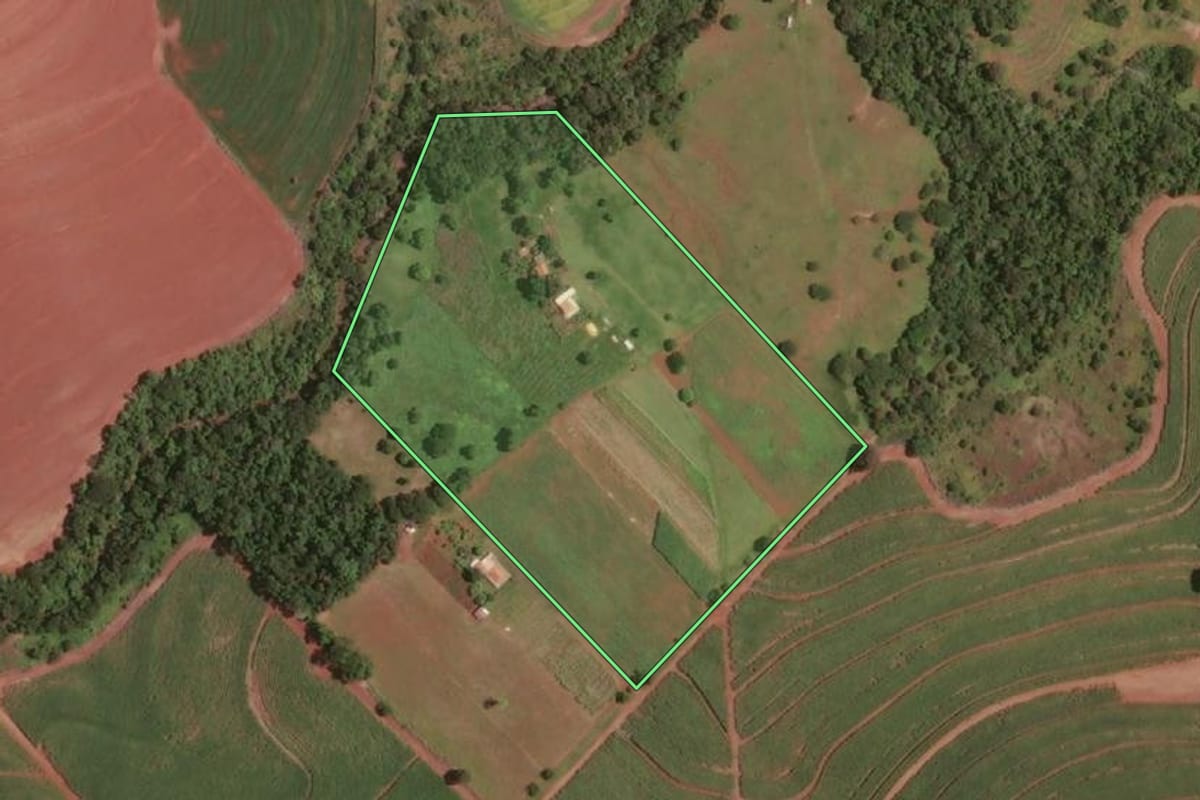 Imagem de satélite do imóvel rural em Paraguaçu Paulista (SP), com o contorno declarado no CAR desenhado por cima.