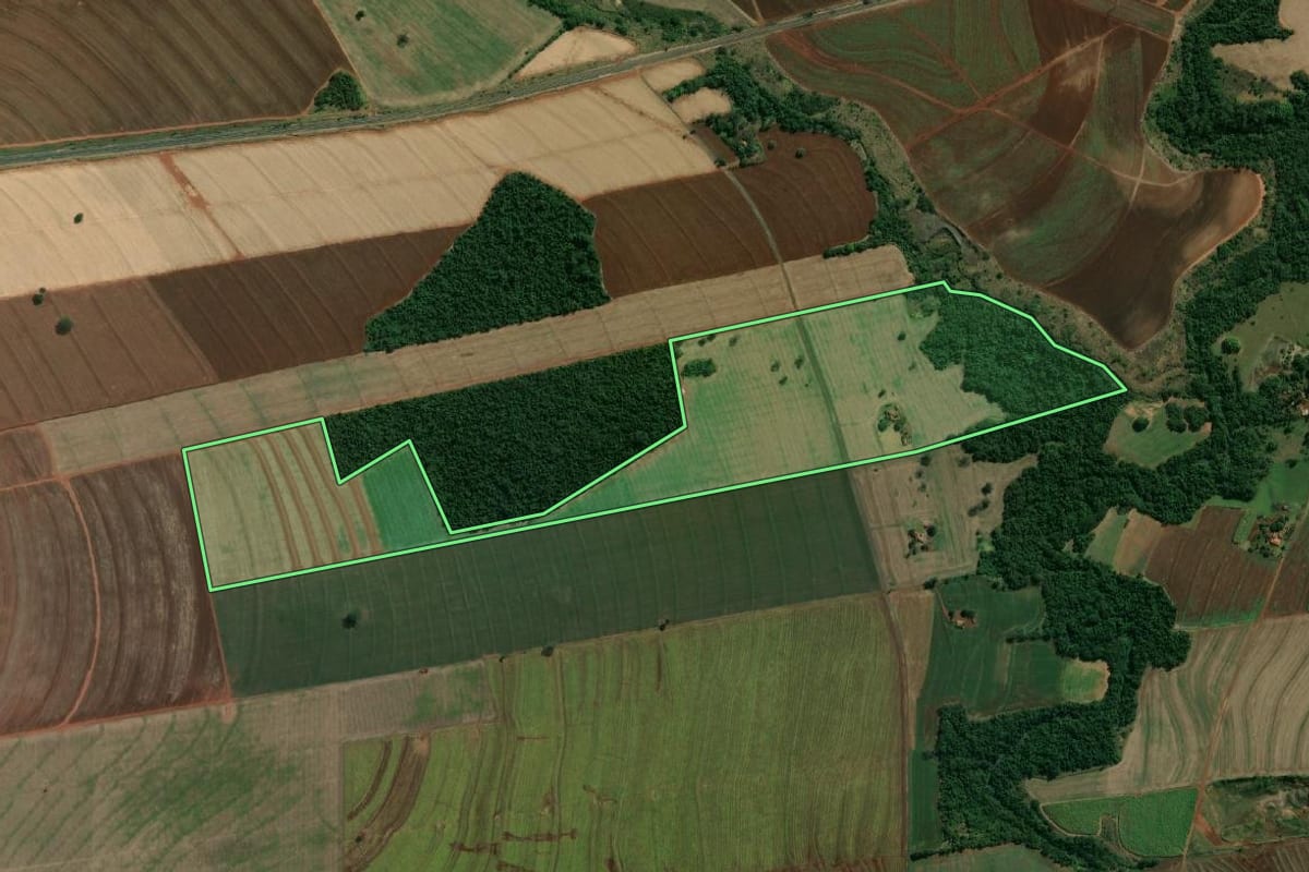 Imagem de satélite do imóvel rural em Paraguaçu Paulista (SP), com o contorno declarado no CAR desenhado por cima.
