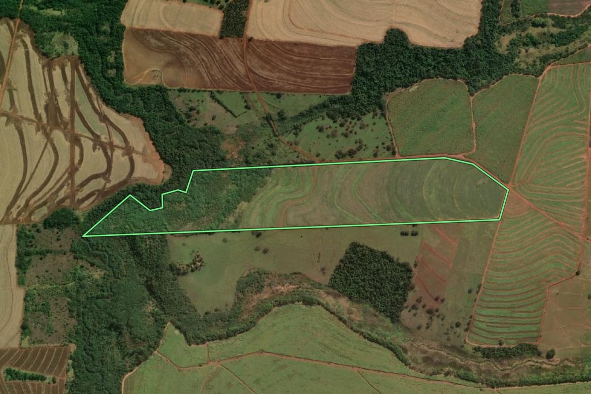 Imagem de satélite do imóvel rural em Paraguaçu Paulista (SP), com o contorno declarado no CAR desenhado por cima.
