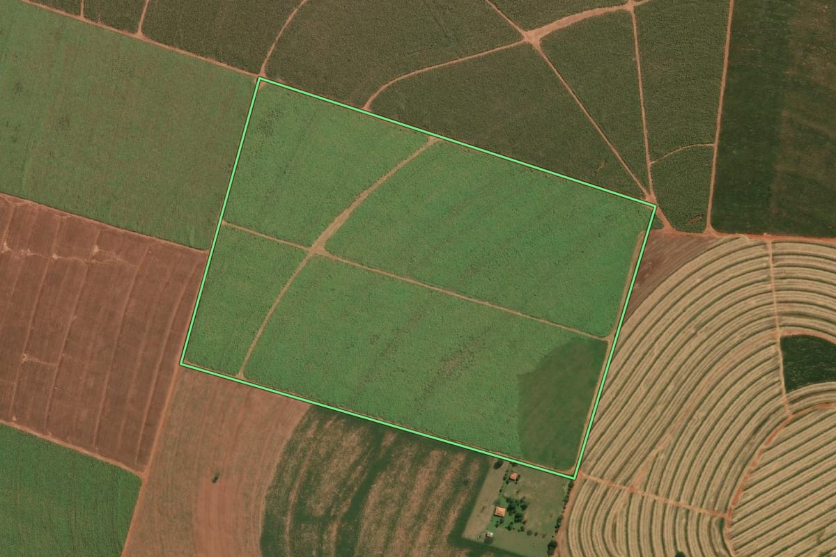 Imagem de satélite do imóvel rural em Paraguaçu Paulista (SP), com o contorno declarado no CAR desenhado por cima.