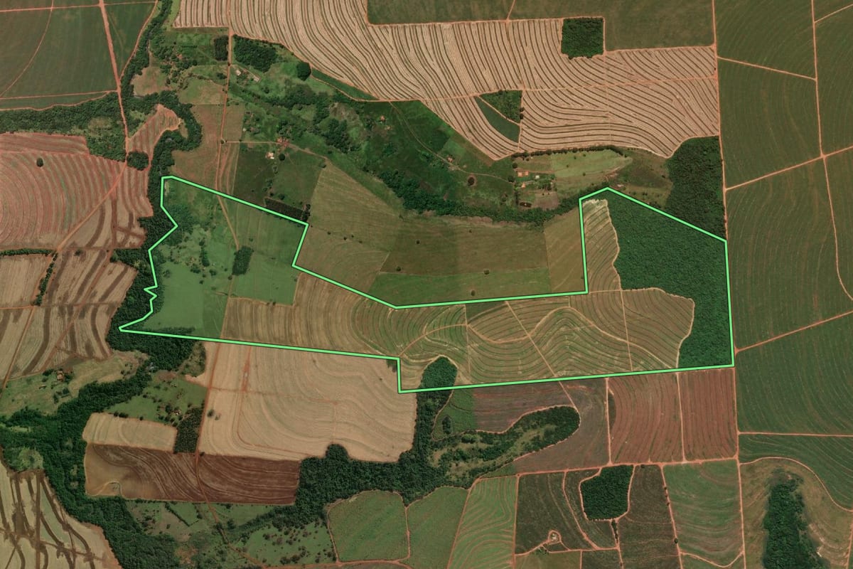 Imagem de satélite do imóvel rural em Paraguaçu Paulista (SP), com o contorno declarado no CAR desenhado por cima.