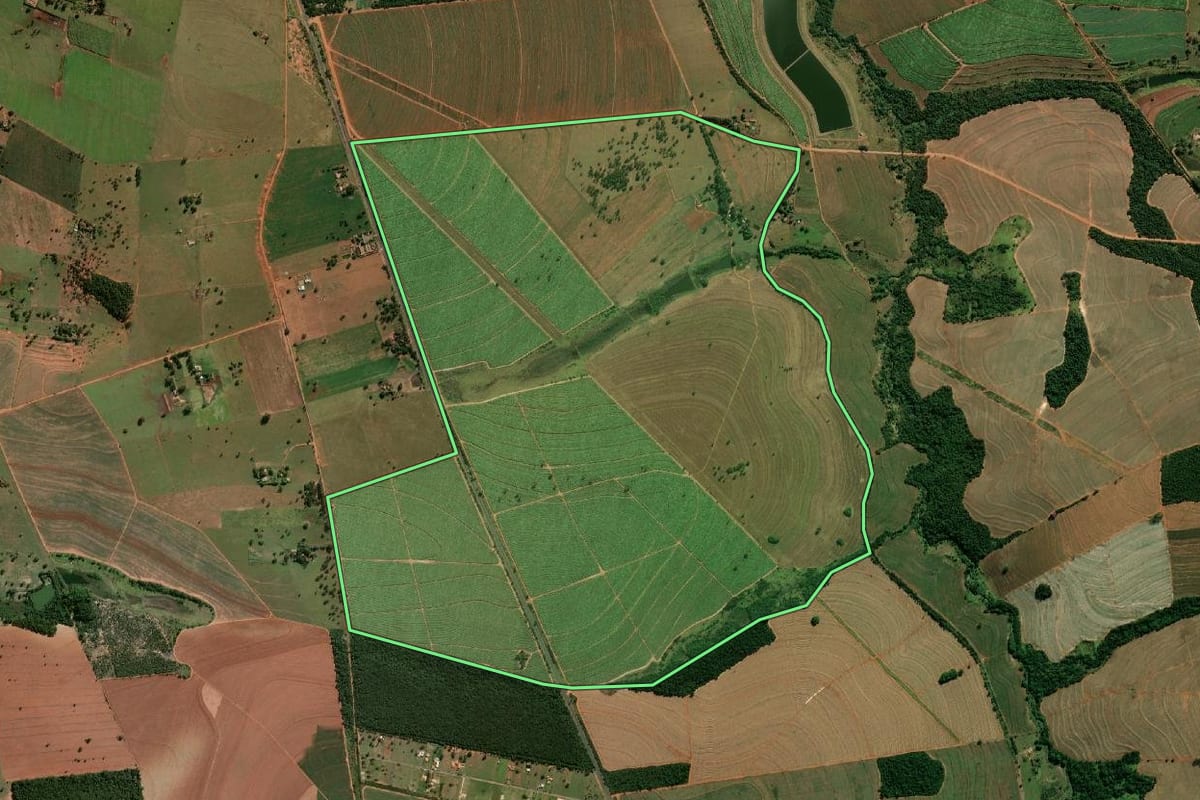 Imagem de satélite do imóvel rural em Paraguaçu Paulista (SP), com o contorno declarado no CAR desenhado por cima.
