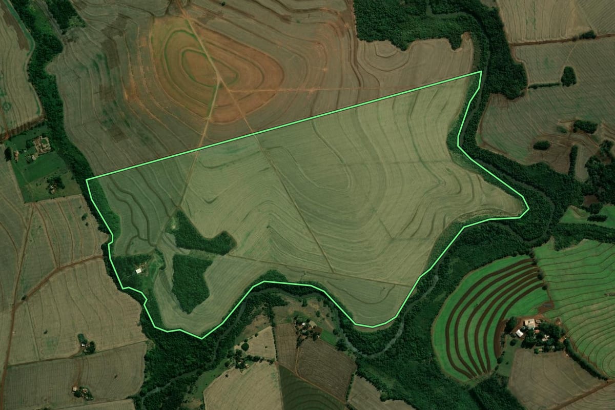 Imagem de satélite do imóvel rural em Paraguaçu Paulista (SP), com o contorno declarado no CAR desenhado por cima.