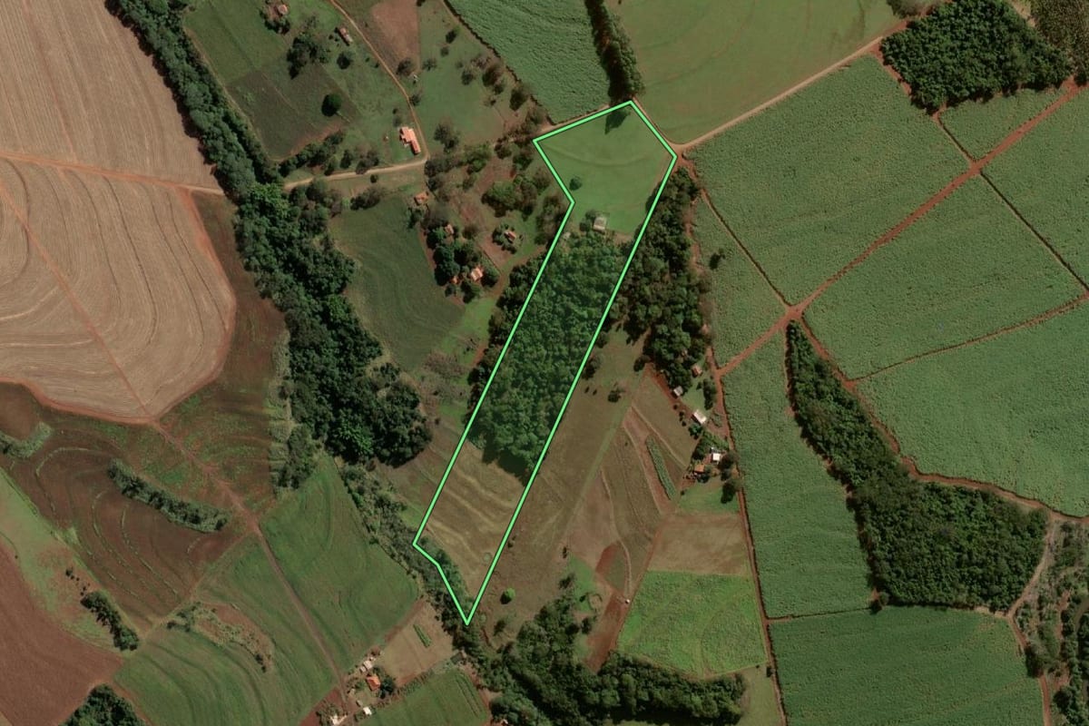 Imagem de satélite do imóvel rural em Paraguaçu Paulista (SP), com o contorno declarado no CAR desenhado por cima.