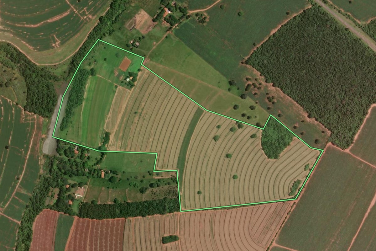Imagem de satélite do imóvel rural em Paraguaçu Paulista (SP), com o contorno declarado no CAR desenhado por cima.