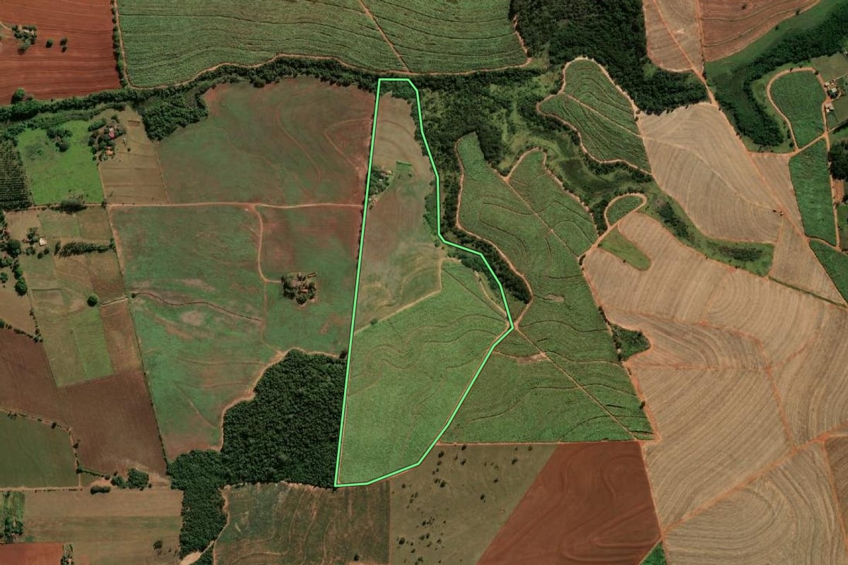 Imagem de satélite do imóvel rural em Paraguaçu Paulista (SP), com o contorno declarado no CAR desenhado por cima.