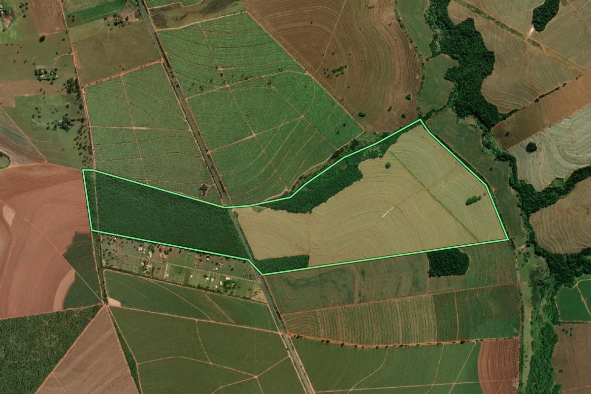 Imagem de satélite do imóvel rural em Paraguaçu Paulista (SP), com o contorno declarado no CAR desenhado por cima.