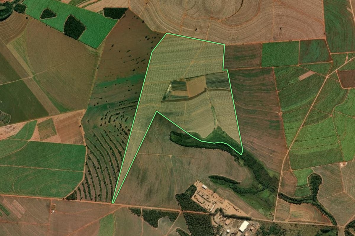 Imagem de satélite do imóvel rural em Paraguaçu Paulista (SP), com o contorno declarado no CAR desenhado por cima.