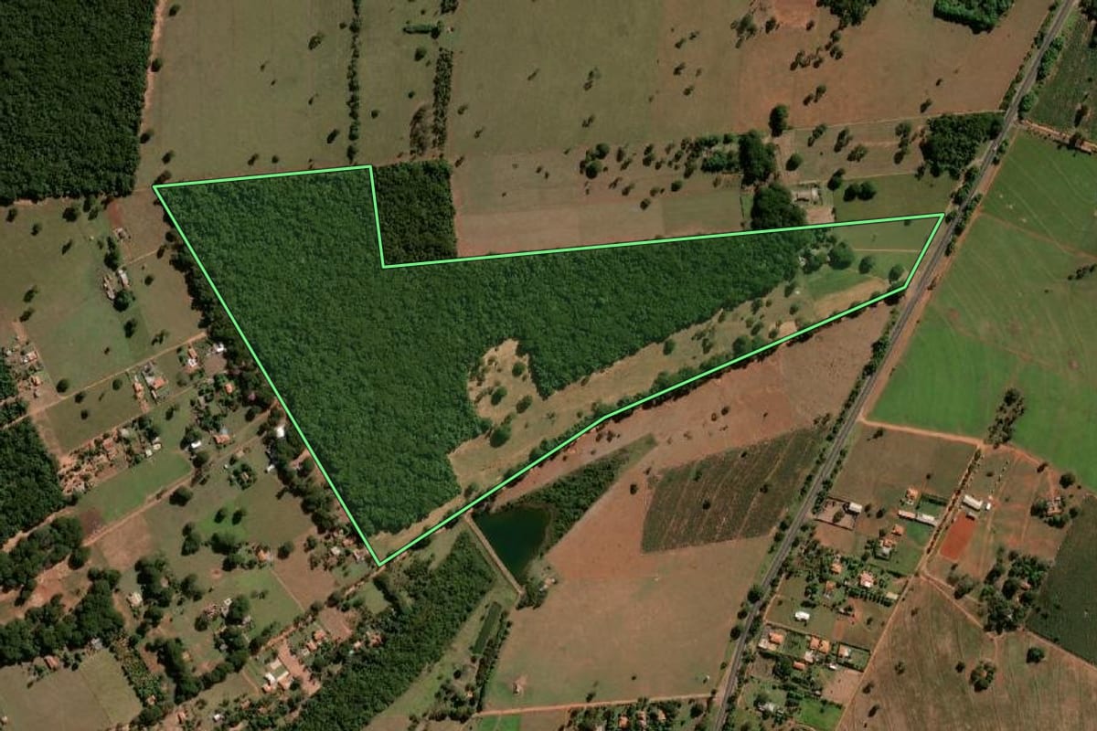 Imagem de satélite do imóvel rural em Paraguaçu Paulista (SP), com o contorno declarado no CAR desenhado por cima.