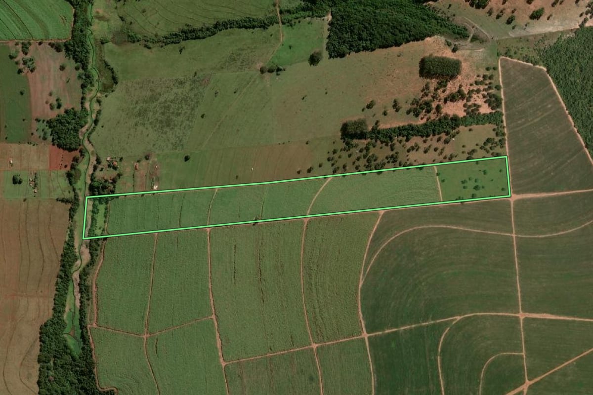 Imagem de satélite do imóvel rural em Paraguaçu Paulista (SP), com o contorno declarado no CAR desenhado por cima.
