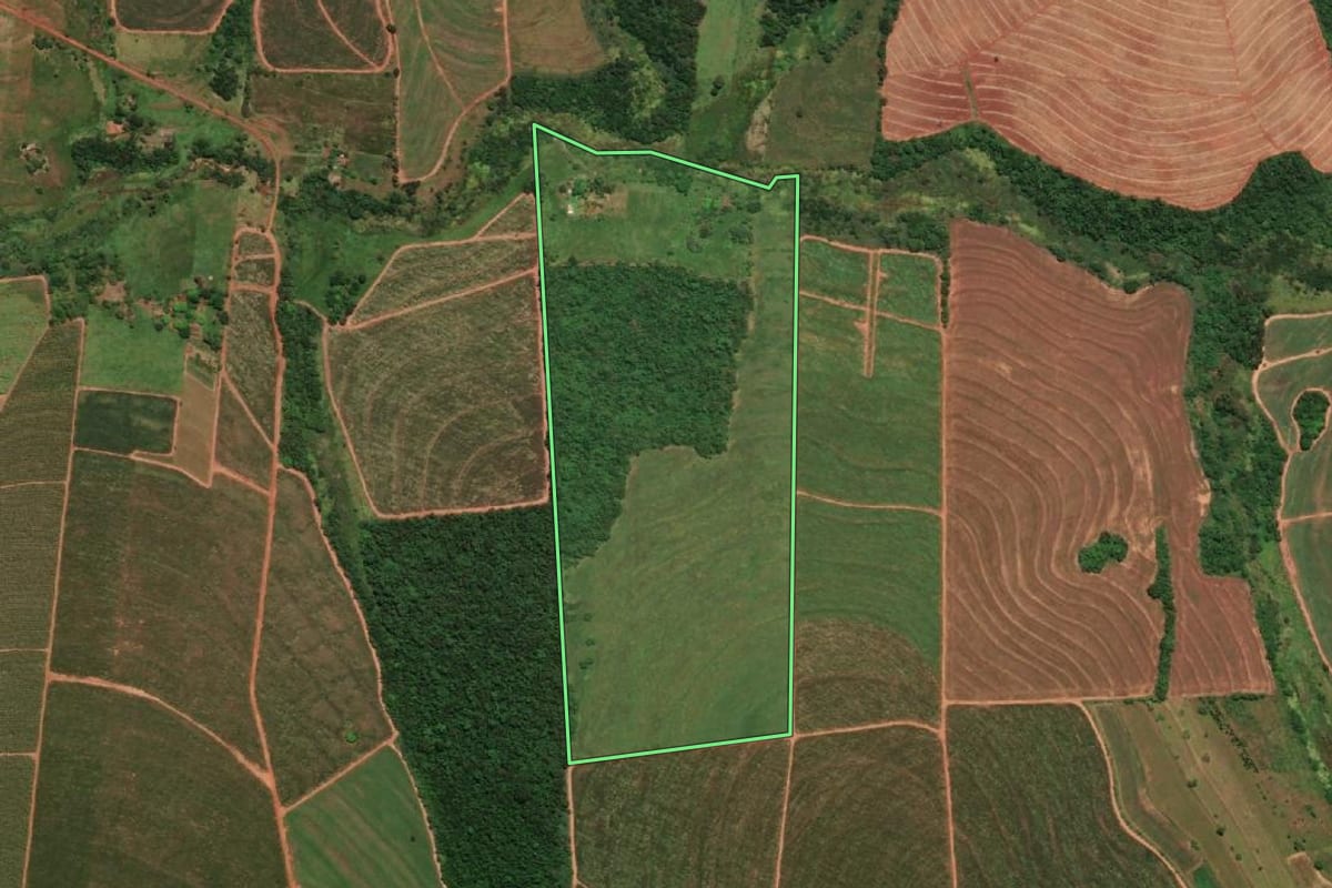 Imagem de satélite do imóvel rural em Paraguaçu Paulista (SP), com o contorno declarado no CAR desenhado por cima.