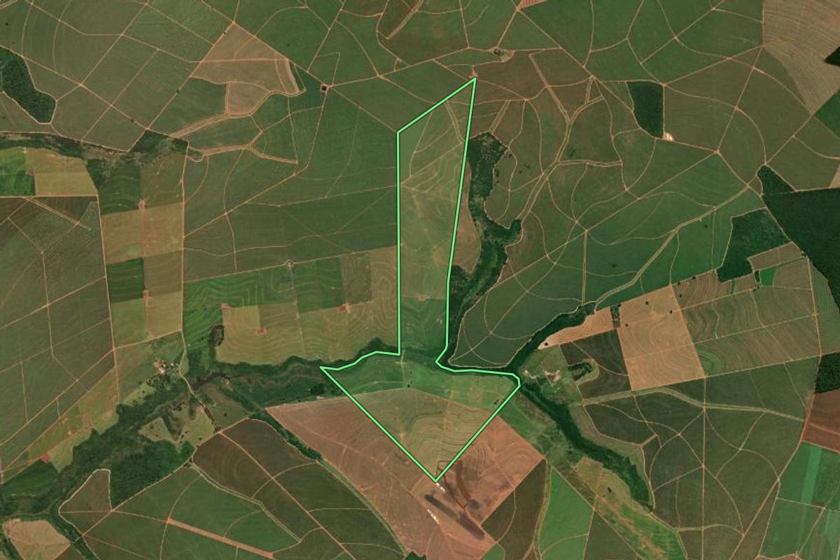 Imagem de satélite do imóvel rural em Paraguaçu Paulista (SP), com o contorno declarado no CAR desenhado por cima.