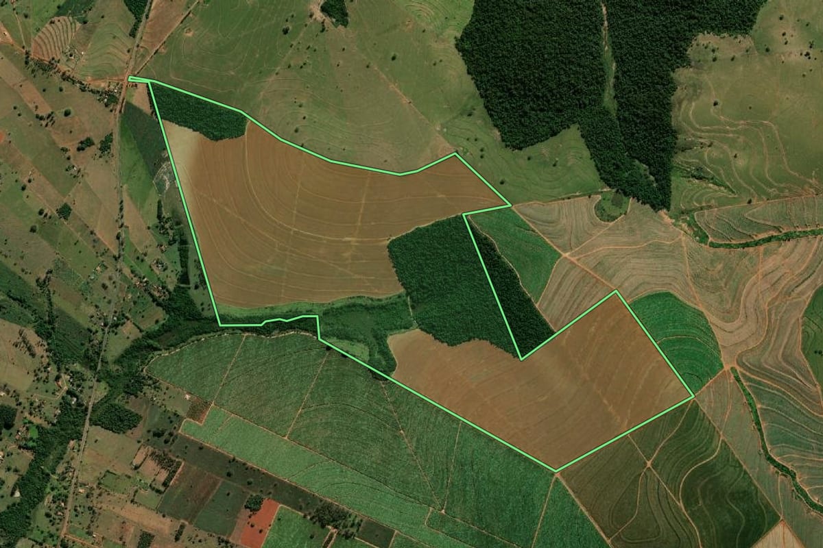 Imagem de satélite do imóvel rural em Paraguaçu Paulista (SP), com o contorno declarado no CAR desenhado por cima.