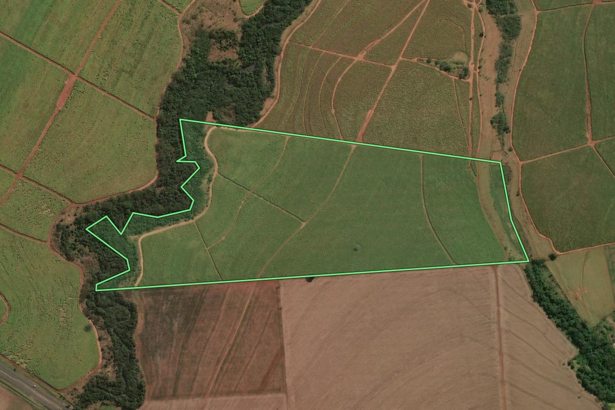 Imagem de satélite do imóvel rural em Paraguaçu Paulista (SP), com o contorno declarado no CAR desenhado por cima.