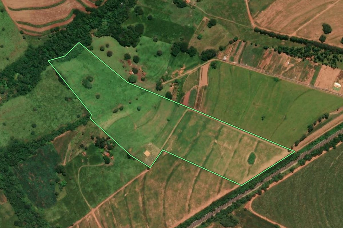 Imagem de satélite do imóvel rural em Paraguaçu Paulista (SP), com o contorno declarado no CAR desenhado por cima.