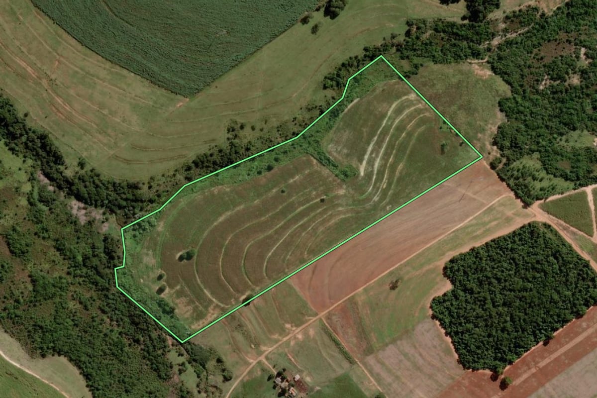 Imagem de satélite do imóvel rural em Paraguaçu Paulista (SP), com o contorno declarado no CAR desenhado por cima.