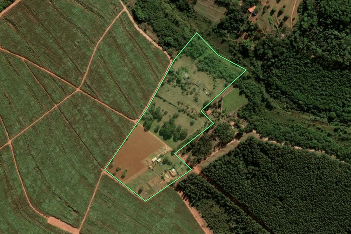 Imagem de satélite do imóvel rural em Paraguaçu Paulista (SP), com o contorno declarado no CAR desenhado por cima.