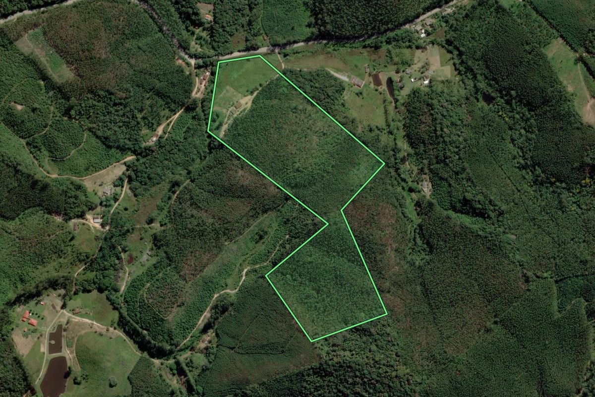 Imagem de satélite do imóvel rural em Paraibuna (SP), com o contorno declarado no CAR desenhado por cima.