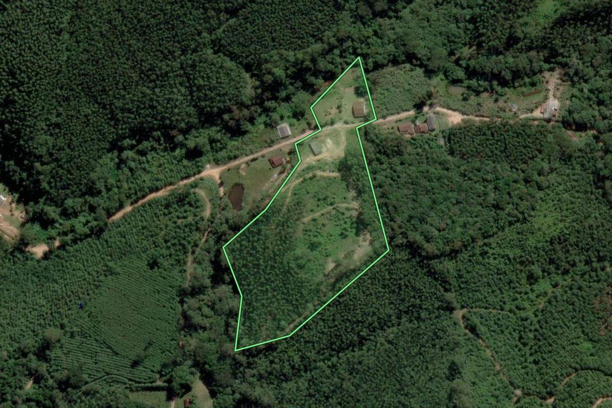 Imagem de satélite do imóvel rural em Paraibuna (SP), com o contorno declarado no CAR desenhado por cima.