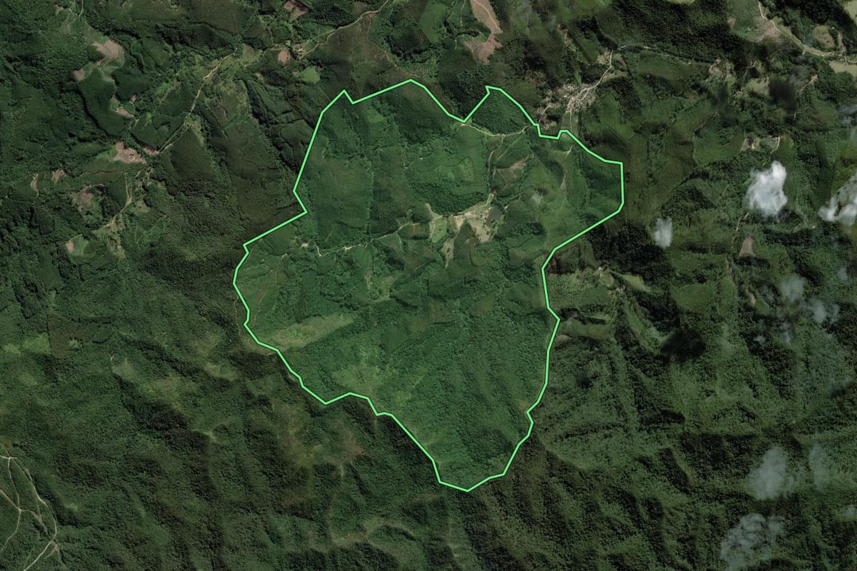 Imagem de satélite do imóvel rural em Paraibuna (SP), com o contorno declarado no CAR desenhado por cima.