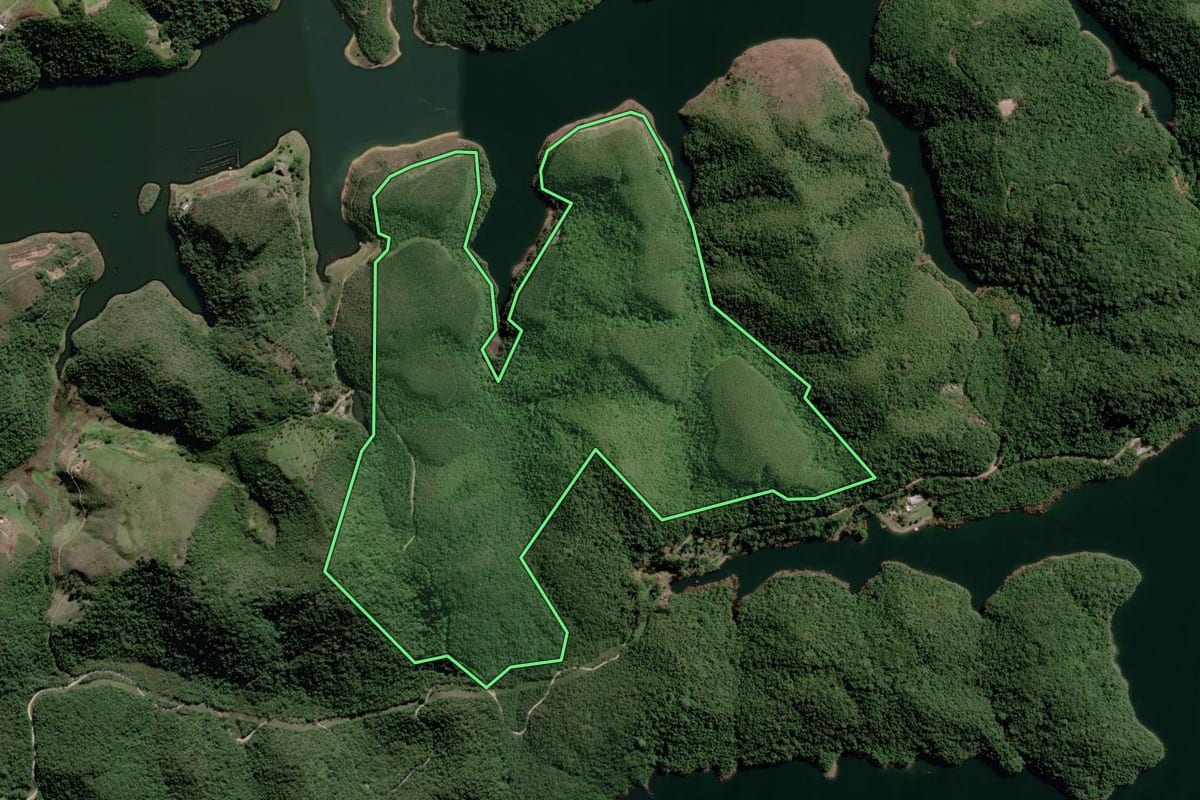 Imagem de satélite do imóvel rural em Paraibuna (SP), com o contorno declarado no CAR desenhado por cima.