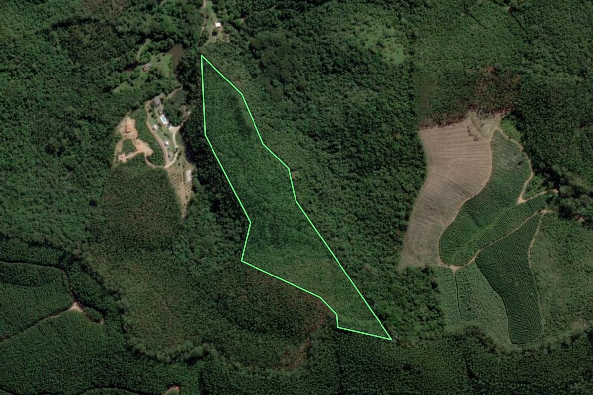 Imagem de satélite do imóvel rural em Paraibuna (SP), com o contorno declarado no CAR desenhado por cima.