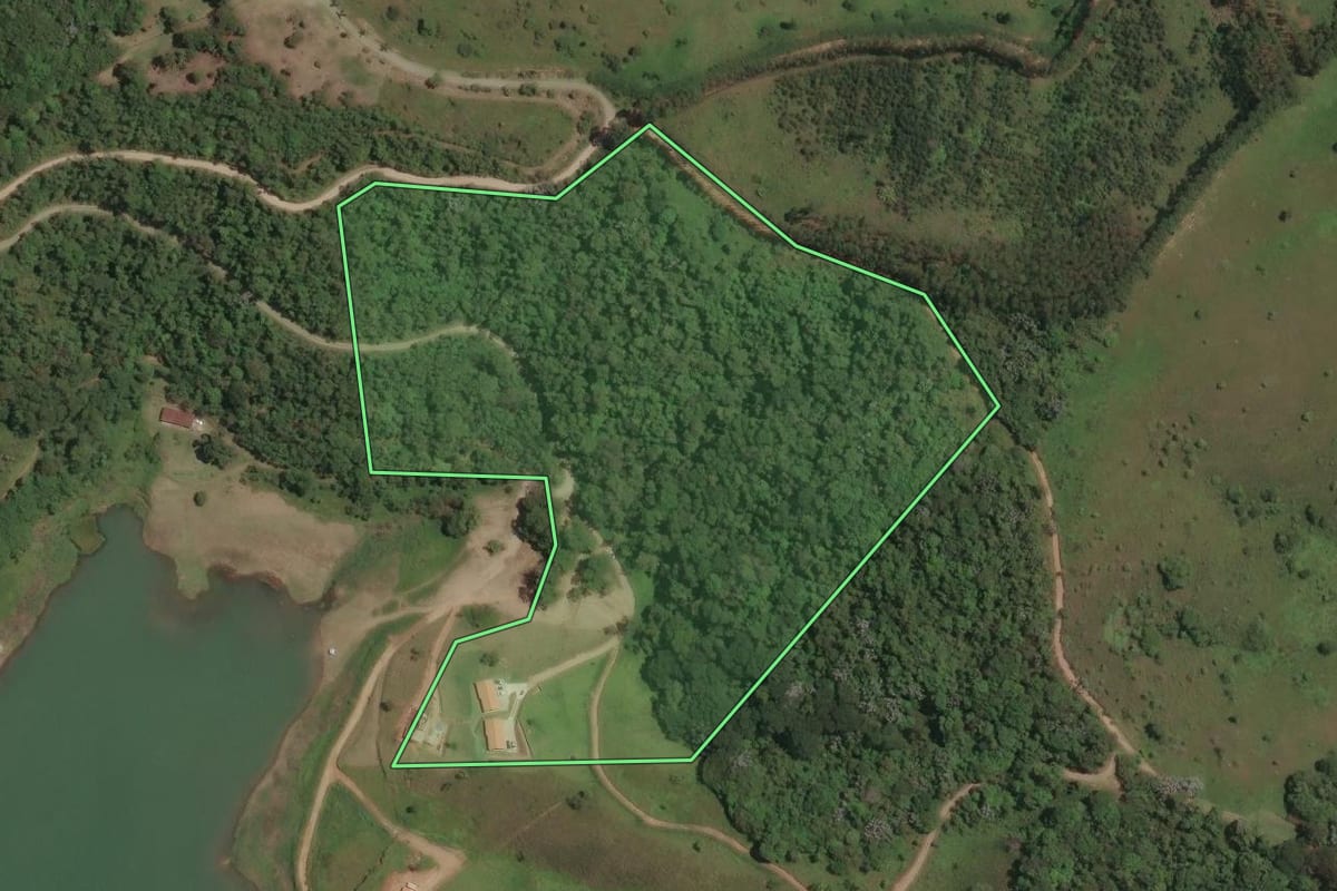 Imagem de satélite do imóvel rural em Paraibuna (SP), com o contorno declarado no CAR desenhado por cima.