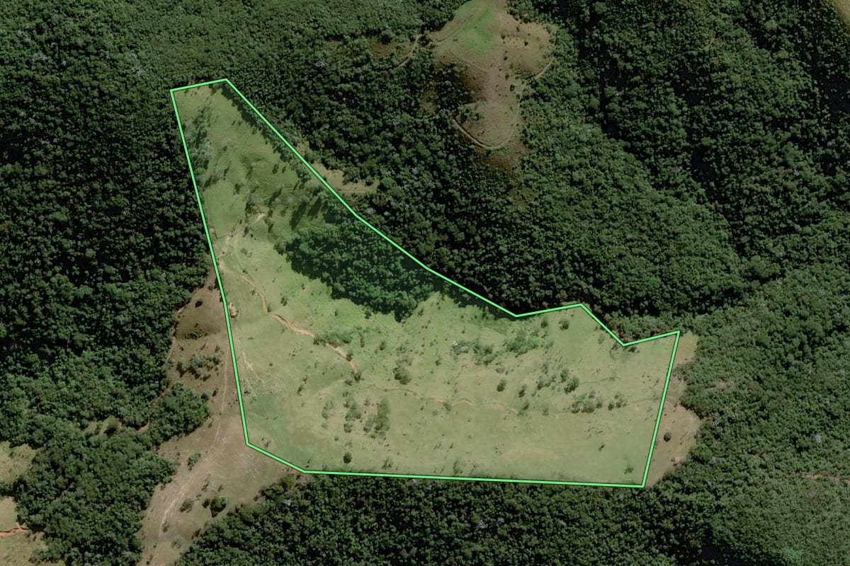 Imagem de satélite do imóvel rural em Paraibuna (SP), com o contorno declarado no CAR desenhado por cima.
