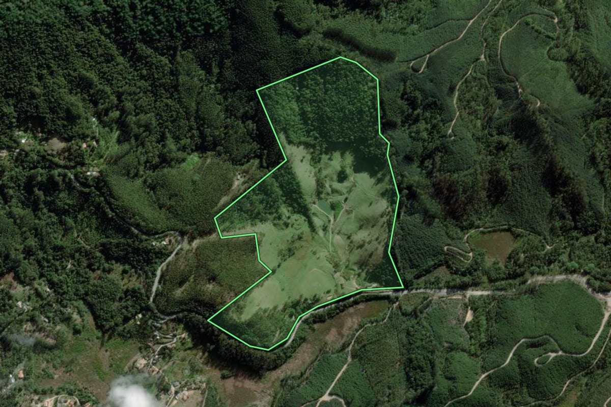 Imagem de satélite do imóvel rural em Paraibuna (SP), com o contorno declarado no CAR desenhado por cima.