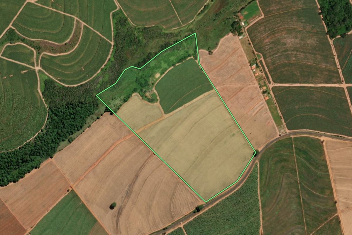 Imagem de satélite do imóvel rural em Paraíso (SP), com o contorno declarado no CAR desenhado por cima.