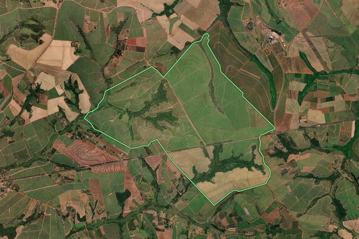 Imagem de satélite do imóvel rural em Paraíso (SP), com o contorno declarado no CAR desenhado por cima.