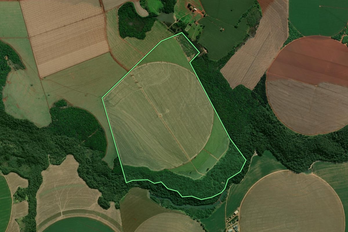 Imagem de satélite do imóvel rural em Paranapanema (SP), com o contorno declarado no CAR desenhado por cima.