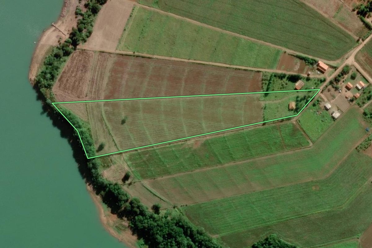 Imagem de satélite do imóvel rural em Paranapanema (SP), com o contorno declarado no CAR desenhado por cima.