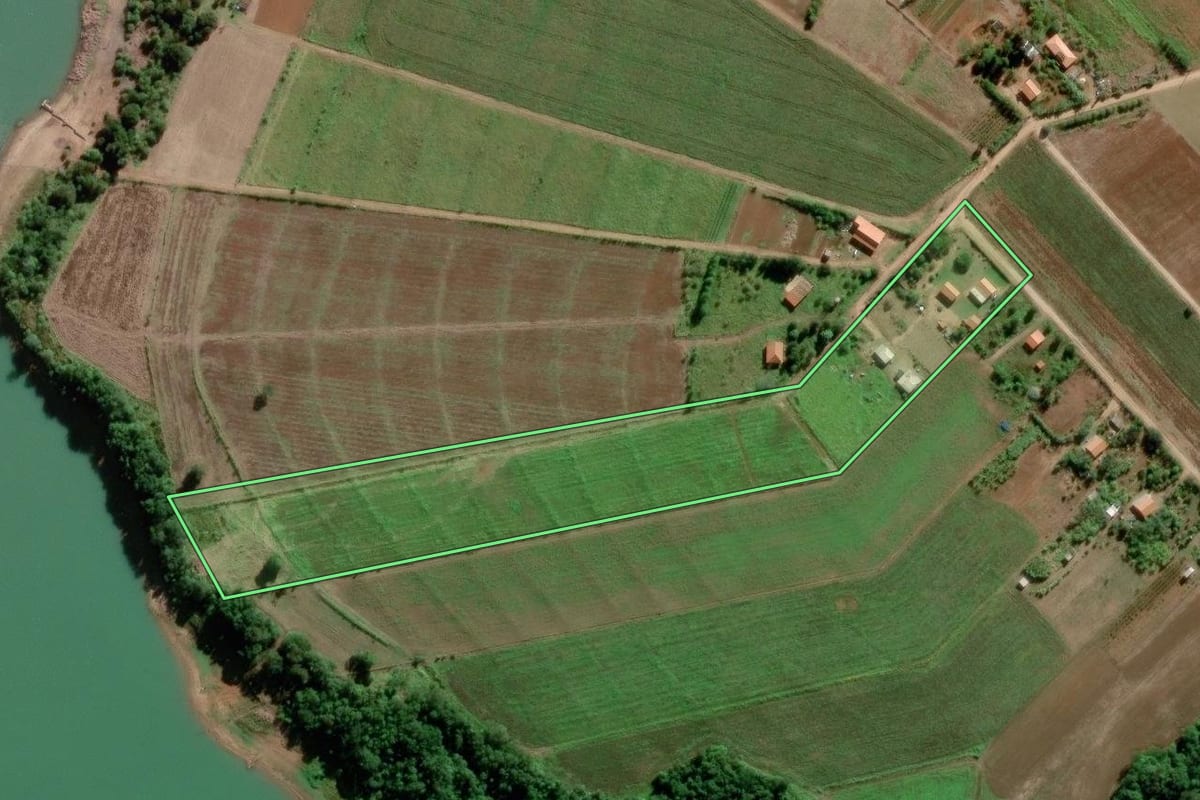 Imagem de satélite do imóvel rural em Paranapanema (SP), com o contorno declarado no CAR desenhado por cima.