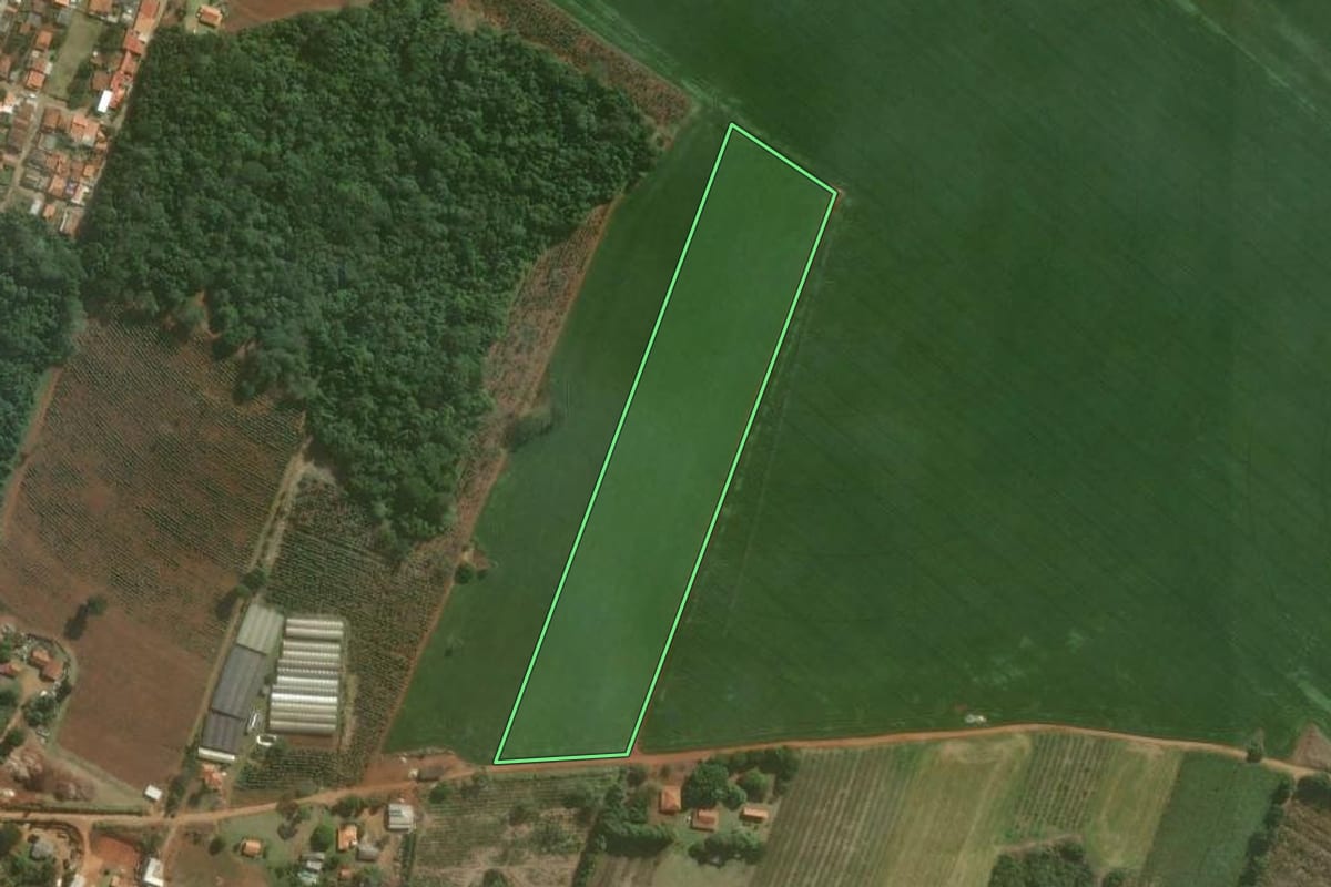 Imagem de satélite do imóvel rural em Paranapanema (SP), com o contorno declarado no CAR desenhado por cima.