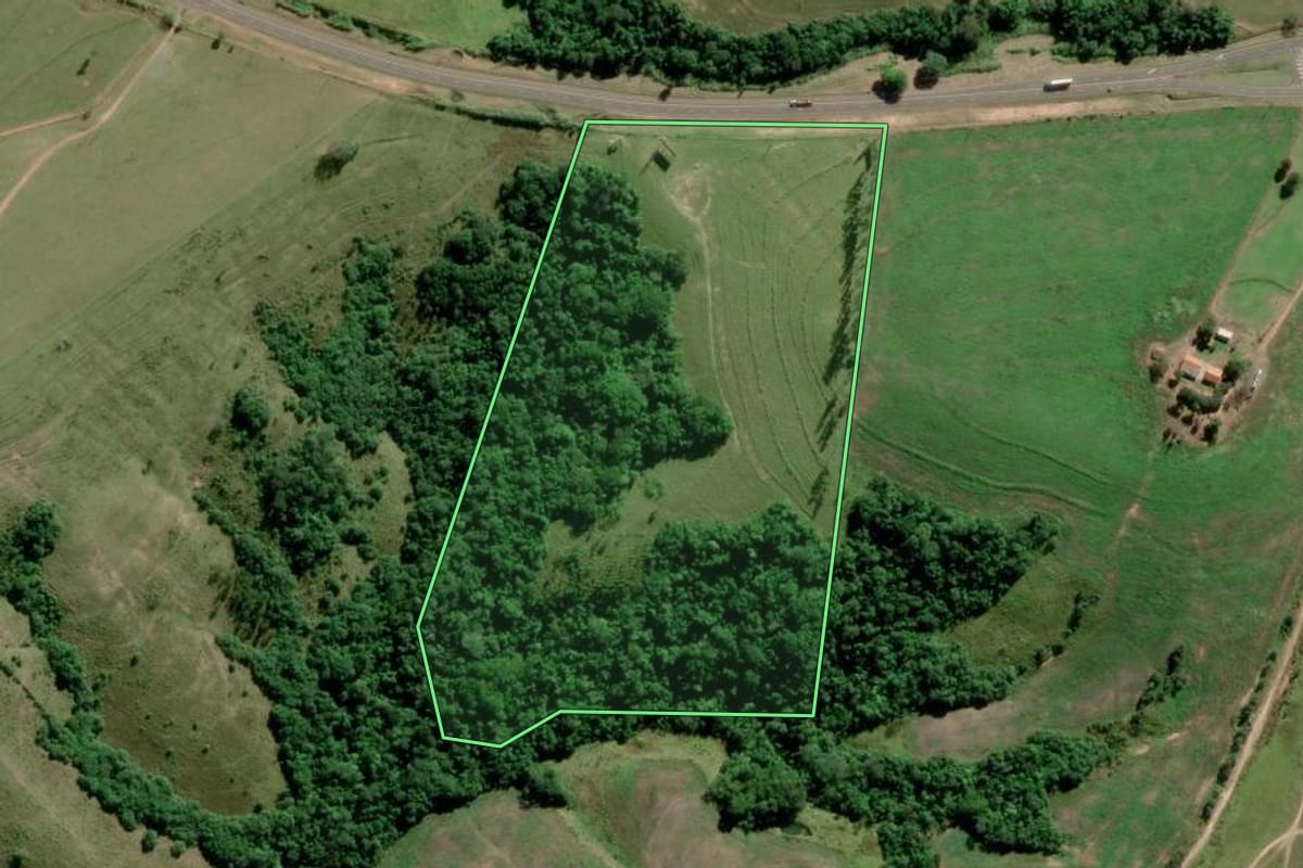 Imagem de satélite do imóvel rural em Paranapanema (SP), com o contorno declarado no CAR desenhado por cima.