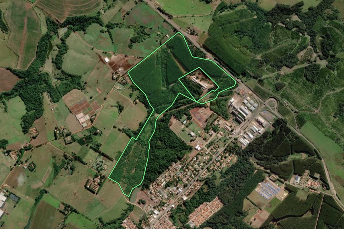 Imagem de satélite do imóvel rural em Paranapanema (SP), com o contorno declarado no CAR desenhado por cima.