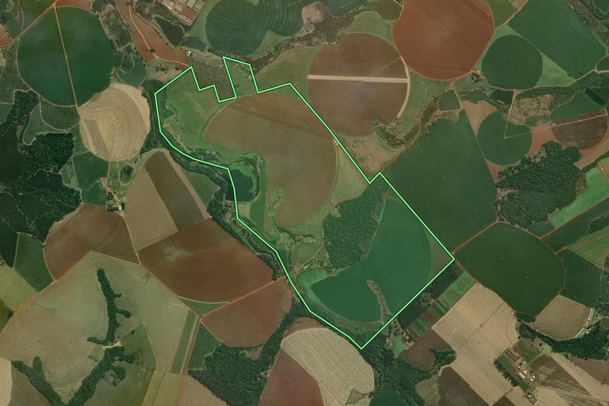Imagem de satélite do imóvel rural em Paranapanema (SP), com o contorno declarado no CAR desenhado por cima.
