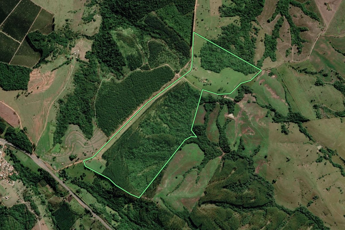 Imagem de satélite do imóvel rural em Paranapanema (SP), com o contorno declarado no CAR desenhado por cima.
