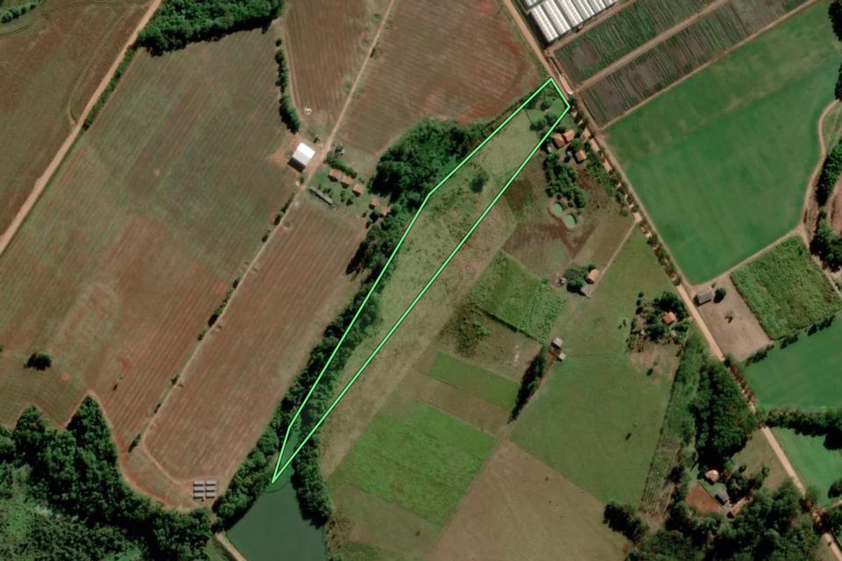 Imagem de satélite do imóvel rural em Paranapanema (SP), com o contorno declarado no CAR desenhado por cima.