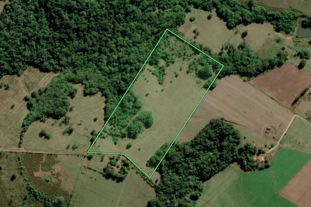 Imagem de satélite do imóvel rural em Paranapanema (SP), com o contorno declarado no CAR desenhado por cima.