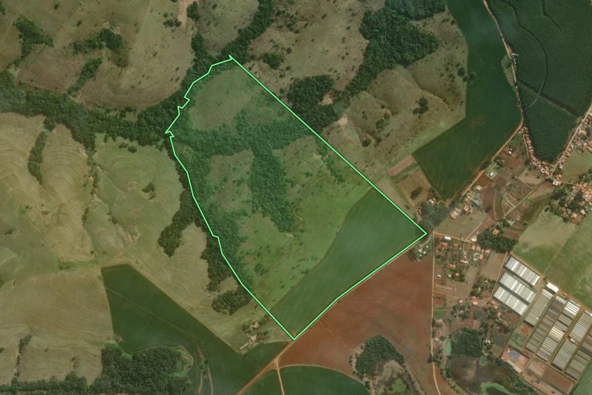 Imagem de satélite do imóvel rural em Paranapanema (SP), com o contorno declarado no CAR desenhado por cima.