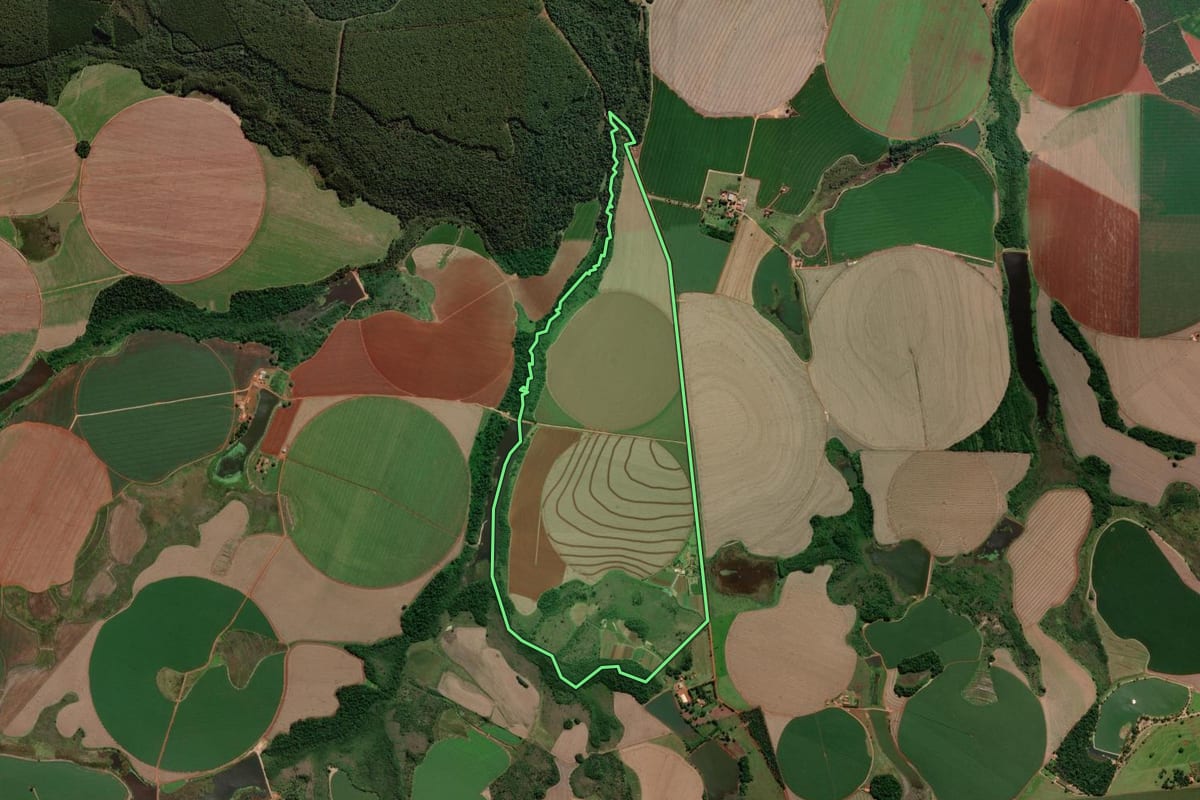 Imagem de satélite do imóvel rural em Paranapanema (SP), com o contorno declarado no CAR desenhado por cima.