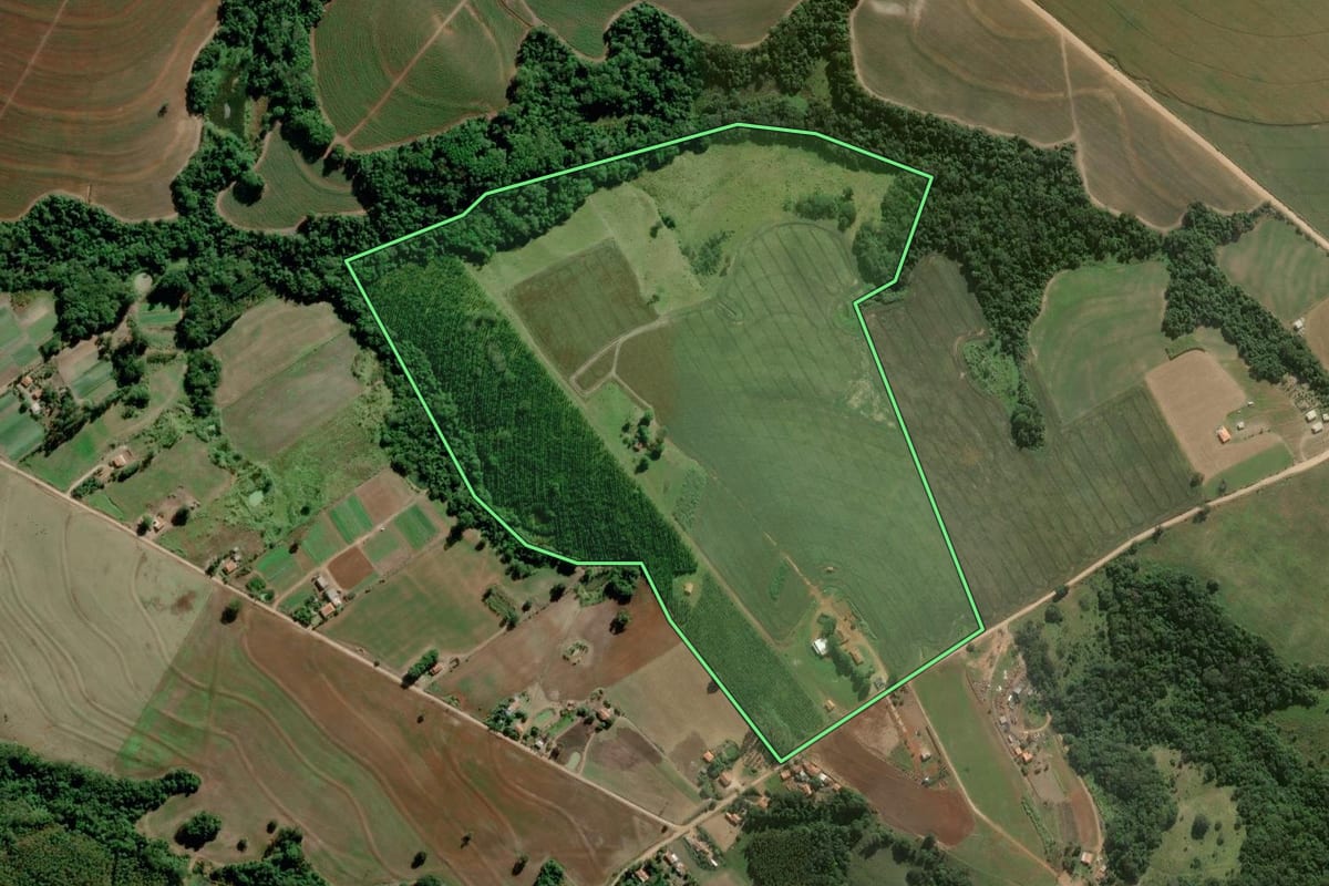 Imagem de satélite do imóvel rural em Paranapanema (SP), com o contorno declarado no CAR desenhado por cima.