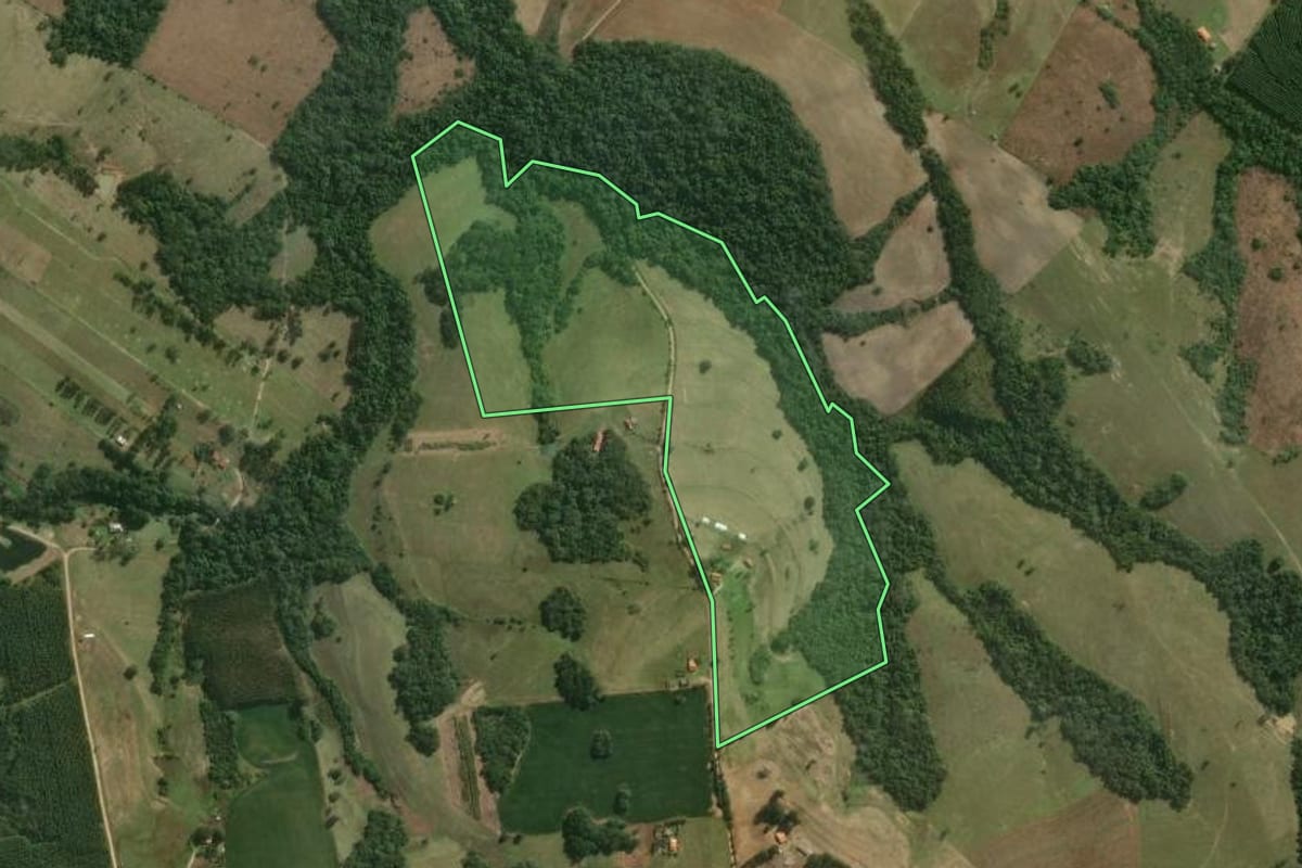 Imagem de satélite do imóvel rural em Paranapanema (SP), com o contorno declarado no CAR desenhado por cima.